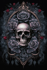 Gothic Skull with Black Roses Dark and Moody Artwork Skull PNG  |  AI Generated