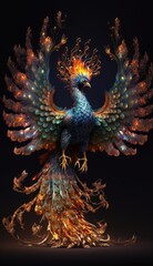 Generative AI of a fantasy peacock on a black background.