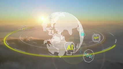 Futuristic Technology Icons Around Virtual Planet Spinning Against Cloudy Sunset Sky. Digital Transformation Concept. abstract - Powered by Adobe