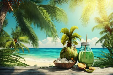 Coconut oil in a glass jar on a wooden table against the background of the sea and palm trees. Generative AI