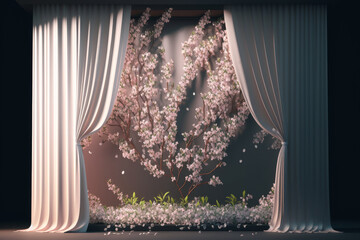 Cherry blossom window with curtains. Generative AI