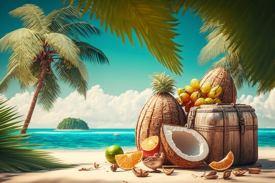 tropical beach with coconut and fruits on sand. Generative AI
