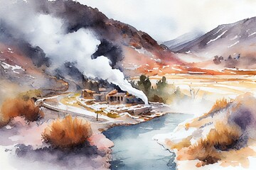 Hot springs and geysers, watercolour style. Generative AI