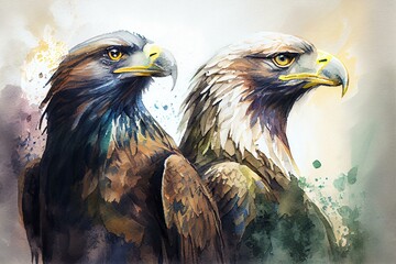 Majestic eagles, watercolour style. Generative AI