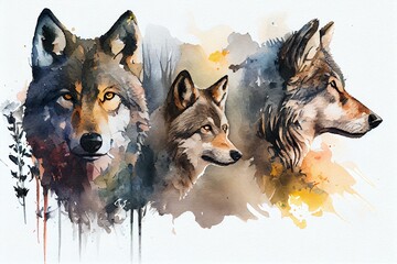 Wild wolves, watercolour style. Generative AI