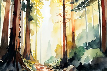 Redwood forests, watercolour style. Generative AI