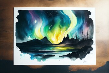The Northern Lights, watercolour style. Generative AI