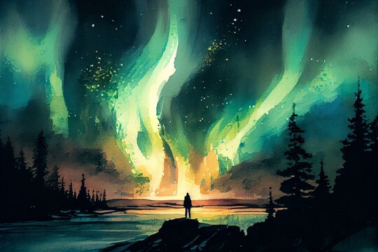 The Northern Lights, watercolour style. Generative AI © Наталья Евтехова