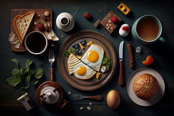 Rustic Wooden Table with a delicious, energetic and a healthy breakfast. Superfood for Health. Ai generated art