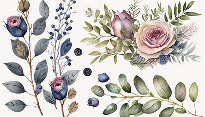 Flowers, berries and leaves watercolor illustration