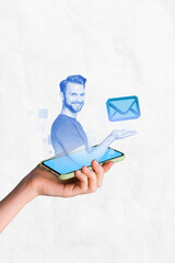Futuristic holographic transparent man picture collage he holds big envelope unread income smartphone message connect contact