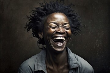 Fototapeta premium Black woman laughing out loud. This is a Royalty-free fictitious generative AI artwork that doesn't exist in real life. 