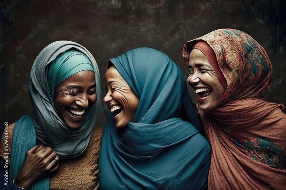 Wall mural a group of muslim arab women in hijab laughing out loud with happiness. this is a royalty-free ficti