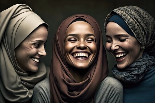 A Group Of Muslim Arab Women In Hijab Laughing Out Loud With Happiness. This Is A Royalty-free Fictitious Generative AI Artwork That Doesn't Exist In Real Life.
