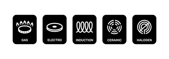 Black icon set electro, gas, induction, ceramic and halogen cooking.eps