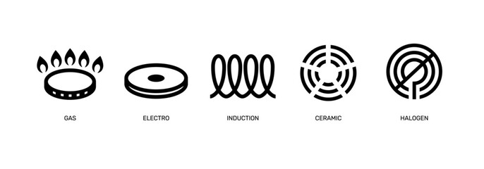 Simple icon set electro, gas, induction, ceramic and halogen cooking.eps