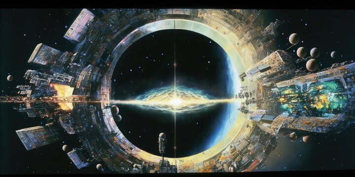 sci-fi cosmic worm whole view of transparent holographic teleportation gates floating in the stratosphere generative ai illustration
