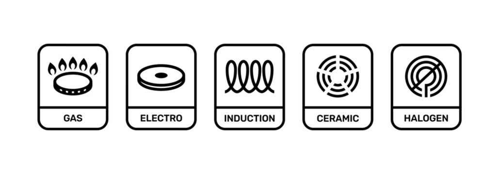 Line icon set electro, gas, induction, ceramic and halogen cooking.eps