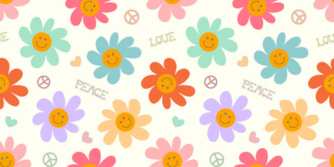 Happy daisies. Smiling flower face pattern. 70s retro hippie groovy background design