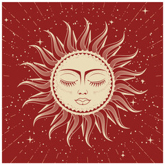 Mystical sun with woman face and eyes closed, astrology, divination and magic, esoteric dreaming sun, vector