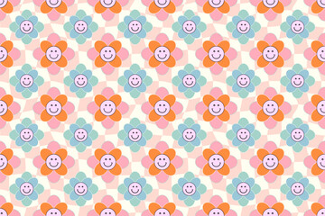Happy smiling daisy flower pattern with psychedelic, trippy, groovy chess background. Retro 70s style face flowers