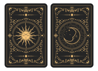 The reverse side of a tarot cards batch, pattern with mystic sun and moon, esoteric symbols of half-moon and astrology, vector