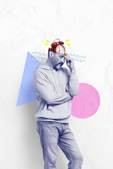 Photo collage artwork minimal picture of stressed depressed guy clock inside brains isolated...