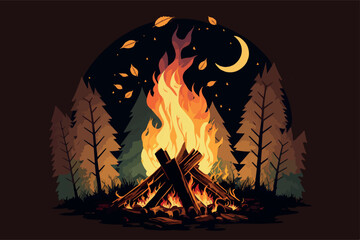 Campfire in the forest in the night. Vector illustration of fire in the nature. Traveling illustration. Holiday camp, cartoon style landscape. Mountain vacation. Bonfire in the wood for picnic. 