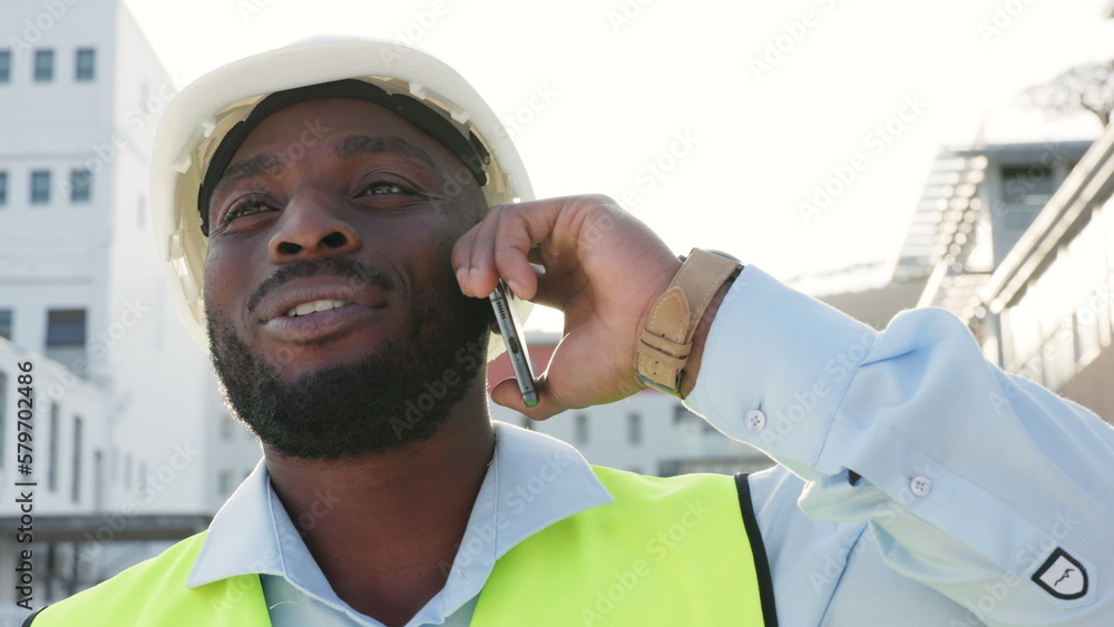 Poster happy, cheerful and smiling architect engineer talking on a phone outdoors in a hard hat at a buildi