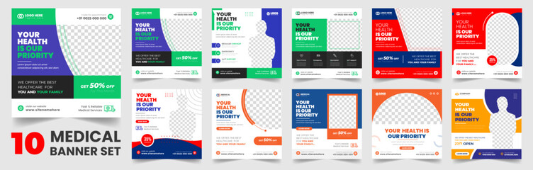 set of 10 big mega collection bundle Medical healthcare Social Media Post banner Template, Medical Healthcare Social Media Banner Template set, doctor medical healthcare social media post bundle.