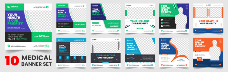 set of 10 big mega collection bundle Medical healthcare Social Media Post banner Template, Medical Healthcare Social Media Banner Template set, doctor medical healthcare social media post bundle.
