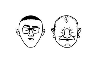Cartoon man face. Senior, mature adult people, diverse characters set, different shapes. Funny person. Collection of facial expressions. Vector line hand drawn sketch Illustration