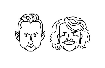 Cartoon woman man face. Senior, mature adult people, diverse characters set, different shapes. Funny person. Collection of facial expressions. Vector line hand drawn sketch Illustration