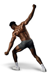 20s one black male posing from his back with back muscles squeezed.
