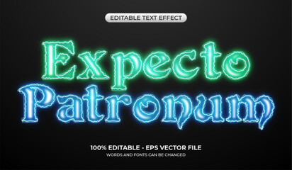 Editable witch spell light text effect. Glowing neon text on the dark background.