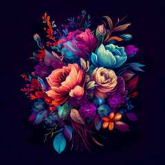 Colorful bouquet of flowers on dark background. illustration. Generative AI