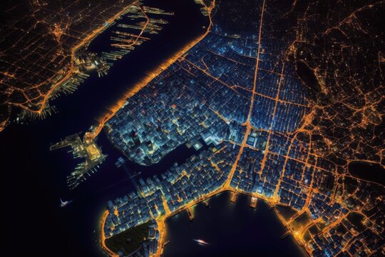 City top view at night. This is a Royalty-free fictitious generative AI artwork that doesn't exist in real life.
