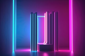 Fototapeta premium abstract minimal background, vertical pink blue neon lines, glowing in the ultraviolet spectrum. Cyberspace. Laser show. Futuristic generative ai wallpaper.