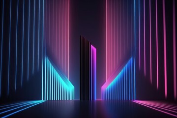 abstract minimal background, vertical pink blue neon lines, glowing in the ultraviolet spectrum. Cyberspace. Laser show. Futuristic generative ai wallpaper.