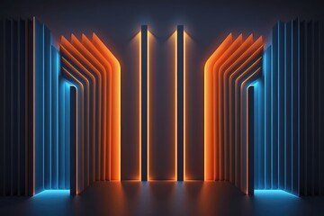 Fototapeta premium abstract minimal neon background with glowing lines. Dark wall illuminated with led lamps. Blue-orange generative ai wallpaper