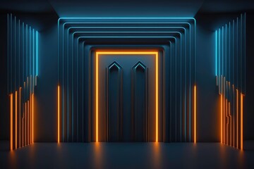 abstract minimal neon background with glowing lines. Dark wall illuminated with led lamps. Blue-orange generative ai wallpaper