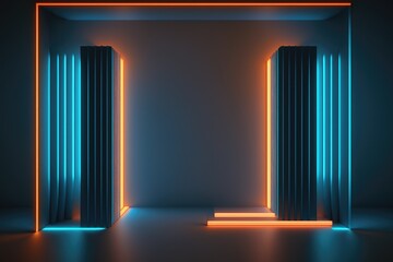 abstract minimal neon background with glowing lines. Dark wall illuminated with led lamps. Blue-orange generative ai wallpaper