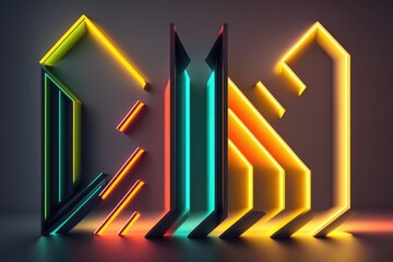  abstract minimalist geometric background. Colorful neon arrows approach each other, generative ai  linear sign