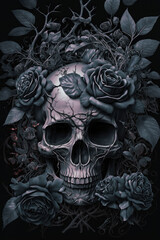 Gothic Skull with Black Roses Dark and Moody Artwork Skull PNG  |  AI Generated