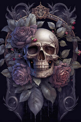 Gothic Skull with Black Roses Dark and Moody Artwork Skull PNG  |  AI Generated