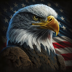 Generative AI illustration from eagle head upfront american flag close up - obrazy, fototapety, plakaty