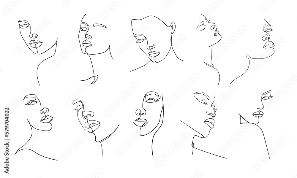 Wall mural Set of portraits. Simple, minimalist vector illustration of beautiful woman face. Line drawing.