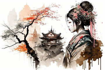 Geisha in kimono, abstract classical artwork of japanese culture. Typical japan house. Colorful illustration with cherry tree.