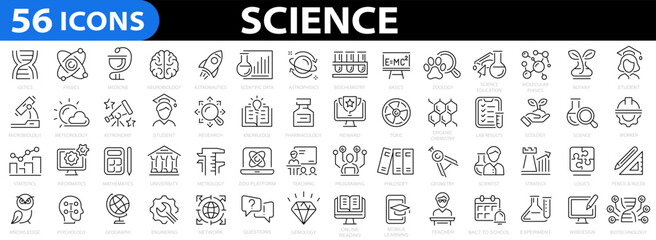 Fototapeta na wymiar Science 56 icon set. Science, scientific activity elements, laboratory, experiment, research, physics.Outline icons collection. Science education symbol. Vector illustration