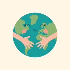 Vector illustration of hands hug planet earth. Concept of World Environment Day. Save the Earth, 22 April. Sign, icon and symbol